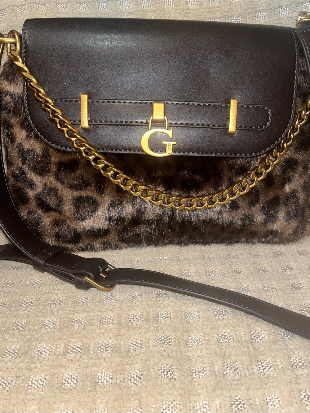 Guess BergenBrown /Leopard Print Crossbody with Gold Chain
